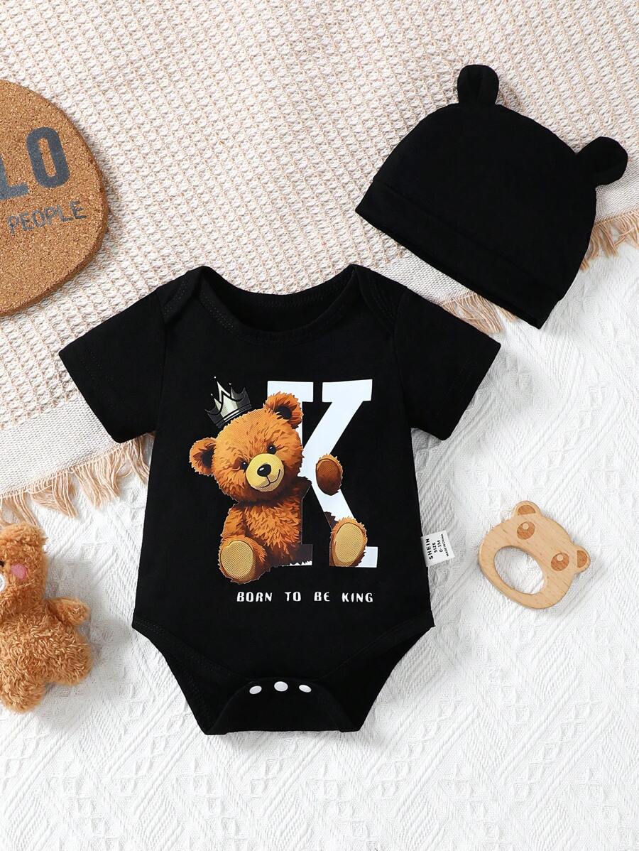 SHEIN Bé sơ sinh bé trai dễ thương in hình gấu có mũ - màu đen - Xem 1