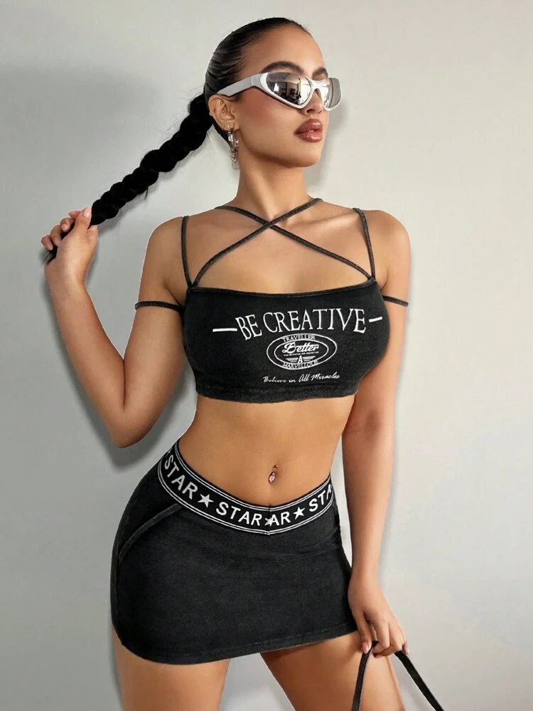 Women's Y2K Vintage Letter Print Washed Cropped Cami Top And Low-Rise Mini Skirt Two Pieces Set