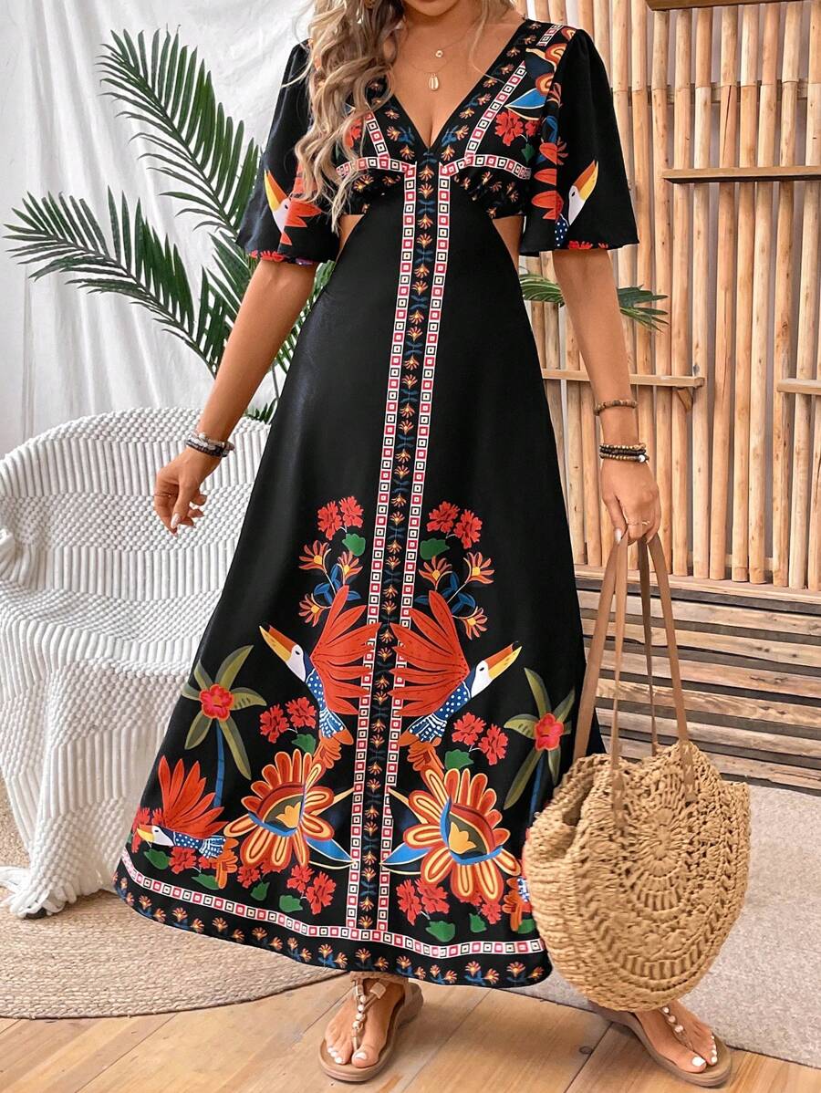 Breezaya Women's Floral Print Cut Out Waist Dress Maxi Vacation Beach Outfit - Black - View 1