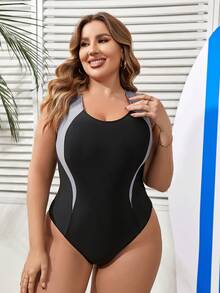 Swim SPRTY Traje De Baño De Una Pieza De Talla Grande Con Cuello Redondo Y Bloques De Color - Negro - Ver 2