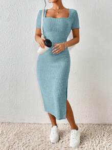 SHEIN Frenchy 女式方领修身高开叉方领纹理面料夏季连衣裙 - 淺藍色 - 查看 5