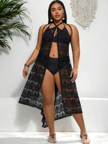 SHEIN Swim Curve 大尺寸純色中空度假風長袍,適用於各種場合,沙灘裝 - 黑色 - 查看 7