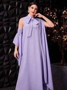 Modelyn 女式不对称袖子和蝴蝶结设计连衣裙 - 紫色 - 查看 5