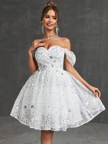 SHEIN Belle 優雅、華麗、浪漫可愛的女士白色無肩帶豪華露肩珠片大A字裙，適合派對、宴會、畢業典禮、雞尾酒會、晚會、臨門嫁妝禮裙 - 白色 - 查看 5