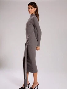 MUSERA Knitted High Neck Tie Front Maxi Sweater Dress Casual, Spring Occasion Summer Graduation Winter Party Wedding Guest Chic - Grey - View 3