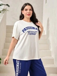 Mulvari 大码女式夏季字母印花短袖T恤和裤子套装2件套 - 寶藍色 - 查看 6