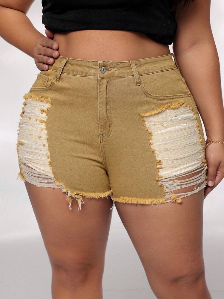 Plus Size Women's High Waisted Stretch Frayed Hem Mini Shorts