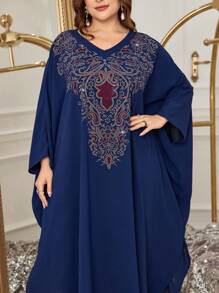 Al Najma 大码女式装饰蝙蝠袖阿拉伯服装，优雅晚会礼服 - 藏蓝色 - 查看 6