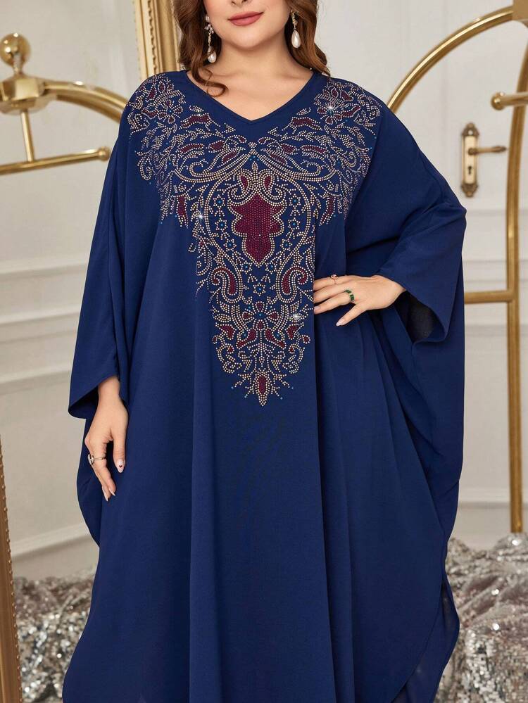 Plus Size Women's Embellished Batwing Sleeve Arabic Clothing, Elegant Evening Party Dress Kaftan Jalabiya Dress