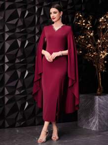 Modelyn Vestido de fiesta de color rojo borgoña con mangas tipo capa, decoración con cristales, estilo simple para mujer - Burdeos - Ver 5
