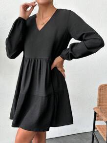 EURMUSE Solid Ruffle Hem Smock Dress - Black - View 5