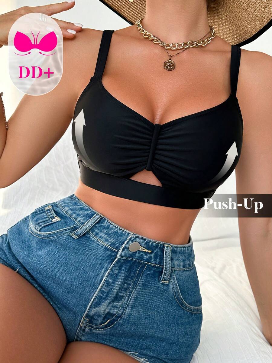 Swim DD+ Women's Summer Beach Solid Color Ruffle Sexy Bikini Top - Black - View 1