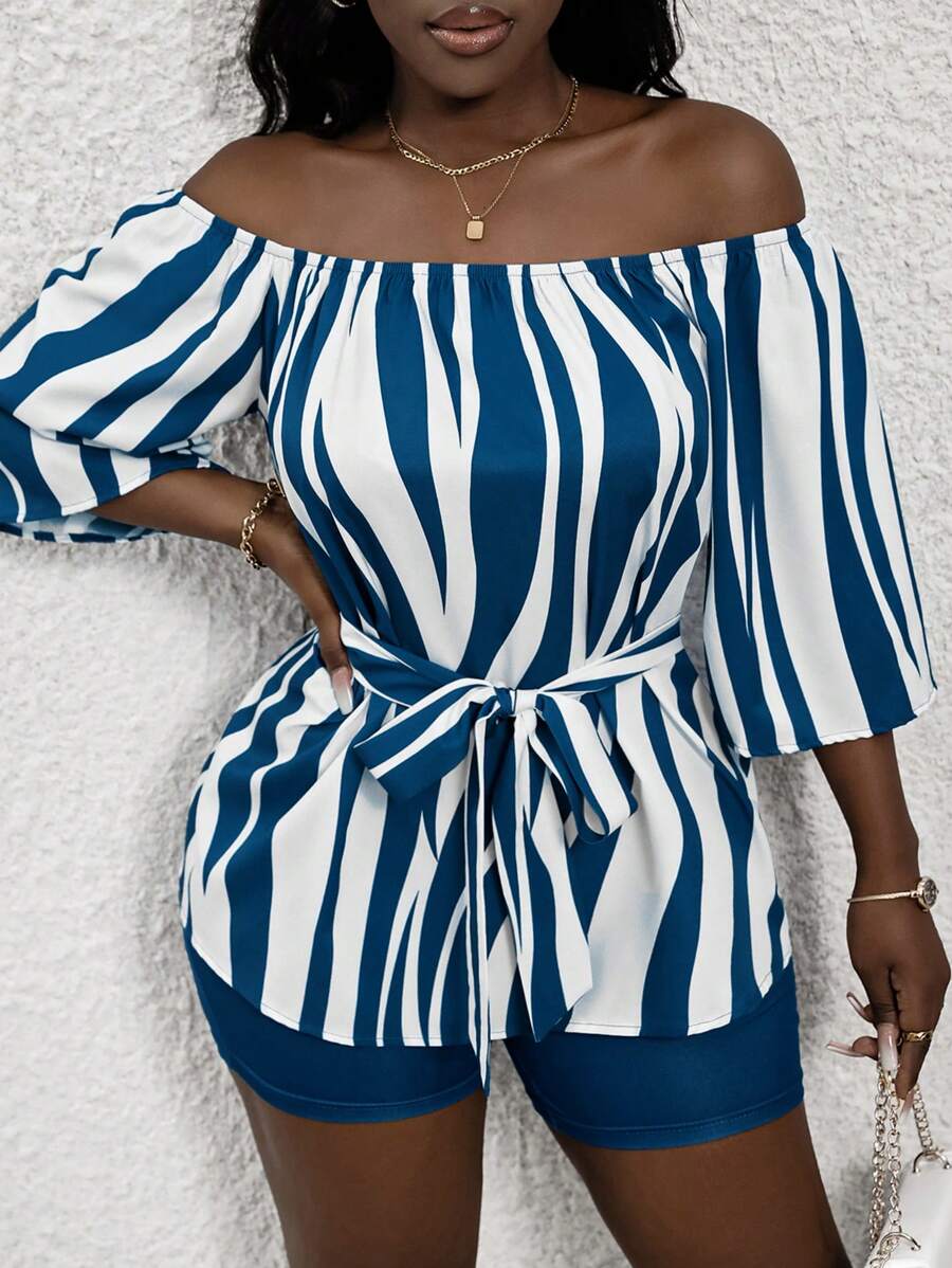 Zolique Women Two-piece Outfits Berikat Geometris Striped Random Print Casual - Blue and White - View 1