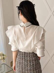 FRIFUL Blusa De Diseño De Dobladillo Con Volantes Y Bloques De Color Para Mujer