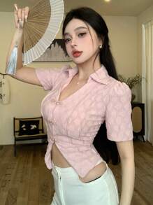 DAZY Ladies' Texture Jacquard Short Sleeve Shirt With Button Placket - Pink - View 6