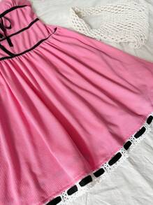 Soleia Vestido De Mujer Con Bloques De Color, Sin Tirantes, Ceñido A La Cintura Y Dobladillo Con Volantes - Rosa - Ver 3