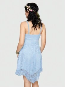 ROMWE Fairycore Ladies' Asymmetrical Hem Lace Fabric Dress - Blue - View 5
