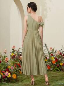 Modelyn Ladies' Solid Color Asymmetric Neckline Pleated Dress - Green - View 2