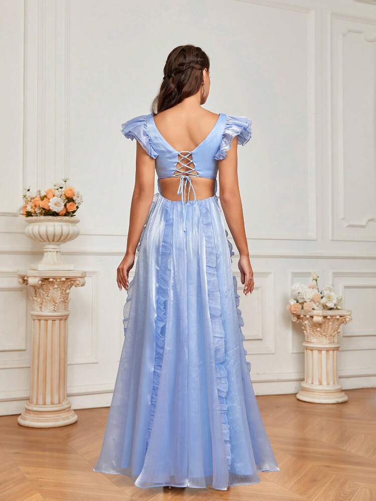 Elegant Romantic Women's Sexy V Neck Ruffle Decorated Back Heavy Evening Dress
