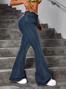 SHEIN ICON Women's Frayed Flared Jeans - Medium Wash - View 4