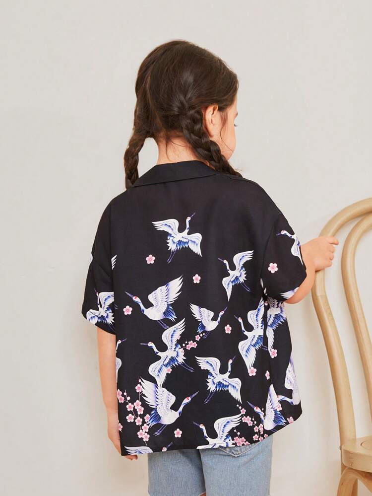Young Girl's Loose Fit Vintage Casual Holiday Crane Print Short Sleeve Shirt