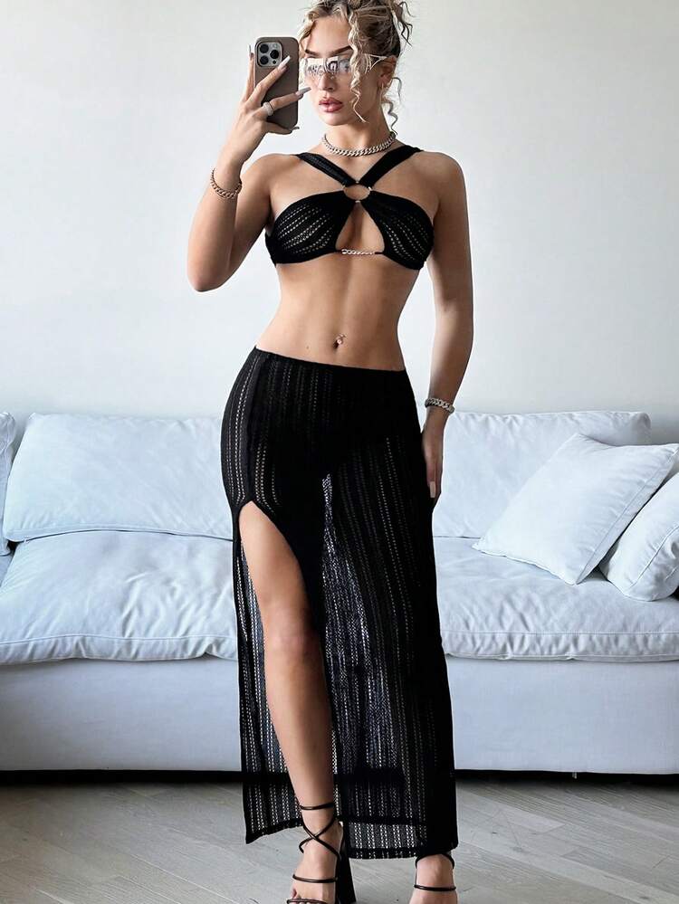 Sleeveless Dress With Circular Decoration, Backless And High Slit