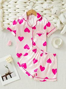Conjunto de dos piezas casual de short y top de manga corta con estampado de corazones rosados para niñas adolescentes - Multicolor - Ver 1