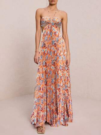 Glamaker Women's Hollow Out Waist, Floral Print, Pleated Halter Neck Dress