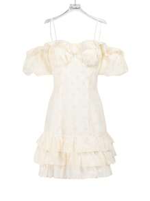 Enchnt Women's Cold Shoulder Ruffle Trim Spaghetti Strap Dress - White - View 7