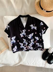 SHEIN 少女寬鬆版復古休閒假日鶴印花短袖衫 - 黑色 - 查看 3