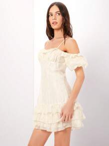 Enchnt Women's Cold Shoulder Ruffle Trim Spaghetti Strap Dress - White - View 5