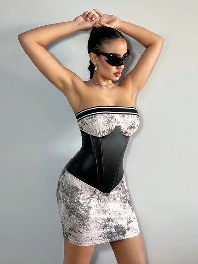 Women's Y2K Strapless Weaving & Splicing 2 In 1 Bodycon Summer Mini Dress