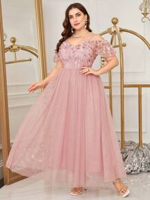 Modelyn Vestido de noche de lentejuelas bordadas talla grande, vestido de dama de honor de largo maxi para mujeres, vestidos de noche largos