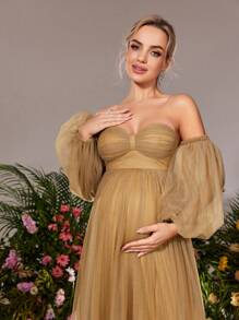Off Shoulder Ruffled Mesh Maternity Long Evening Elegant Gown, For Party - Coffee - View 4