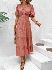 Breezaya Của phụ nữ In Tay áo lồng đèn Eo Kẹp chặt Đầm Với Ruffled Hem - Hồng - Xem 5