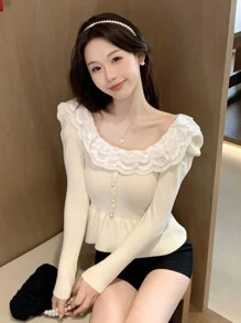 DAZY Women Sweaters Kontras Lace Ruffle Ruffle Hem Plain Casual - Aprikot - View 1