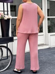 SHEIN Essnce Plus Size Women's Summer Dusty Pink Casual Loose Waffle Sleeveless Two-Piece Pants Set,Smart Casual Everyday Summer Co Ord Outfits - Dusty Pink - View 2