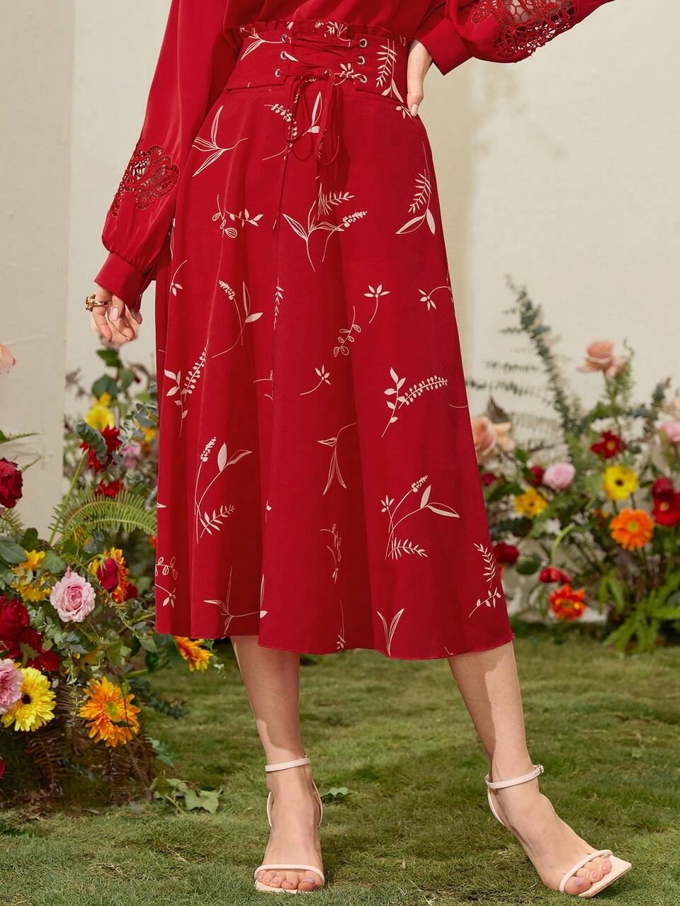 Botanical Print Flowy Skirt For New Year Clothes