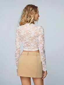 SHEIN Qutie Women's Lace-Up Sheer Mesh Crop Top With Tie Front - White - View 2