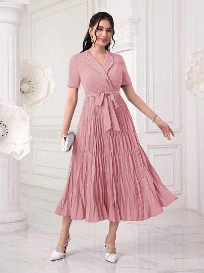 Women's Embellished Pleated Hem Arabic Style Dress With Studs