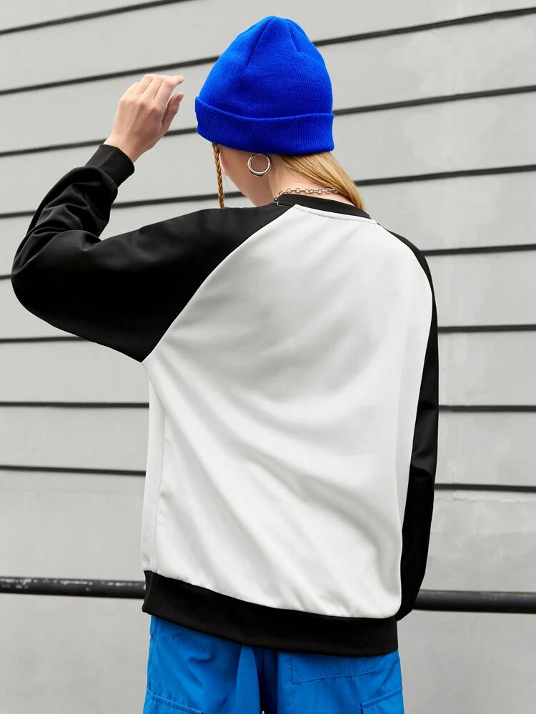 Color Block Letter Print Round Neck Sports Sweatshirt