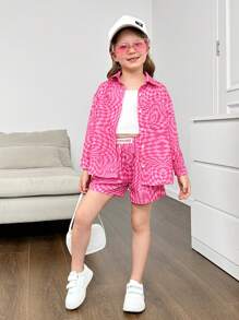 SHEIN Young Girl 3pcs Set: Woven Loose Plaid Shirt & Shorts, Knit Solid Color Tank Top