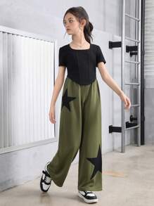 Tween Girl Sports Street Style Knit Solid Color Square Neck Short Sleeve Top And Knit Shorts Set - Army Green - View 4