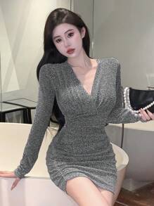 DAZY 纯色V领褶裥包臀长袖连衣裙，生日、新年、舞会、派对女士礼服，秋季返校节性感连衣裙，优雅女士嘉年华连衣裙 - 灰色 - 查看 8
