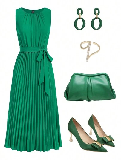 Ellevyn Women'S Solid Color Sleeveless Green Dress With Pleated Hem