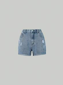 Shorts De Mezclilla Destrozados Para Niñas Adolescentes Con Dobladillo Deshilachado, Detalle De Pedrería Y Destrozado