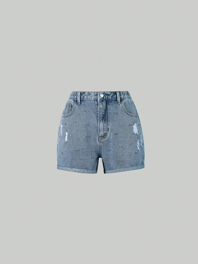 Teen Girl's Distressed Denim Shorts With Frayed Hem, Rhinestone & Distressed Detail