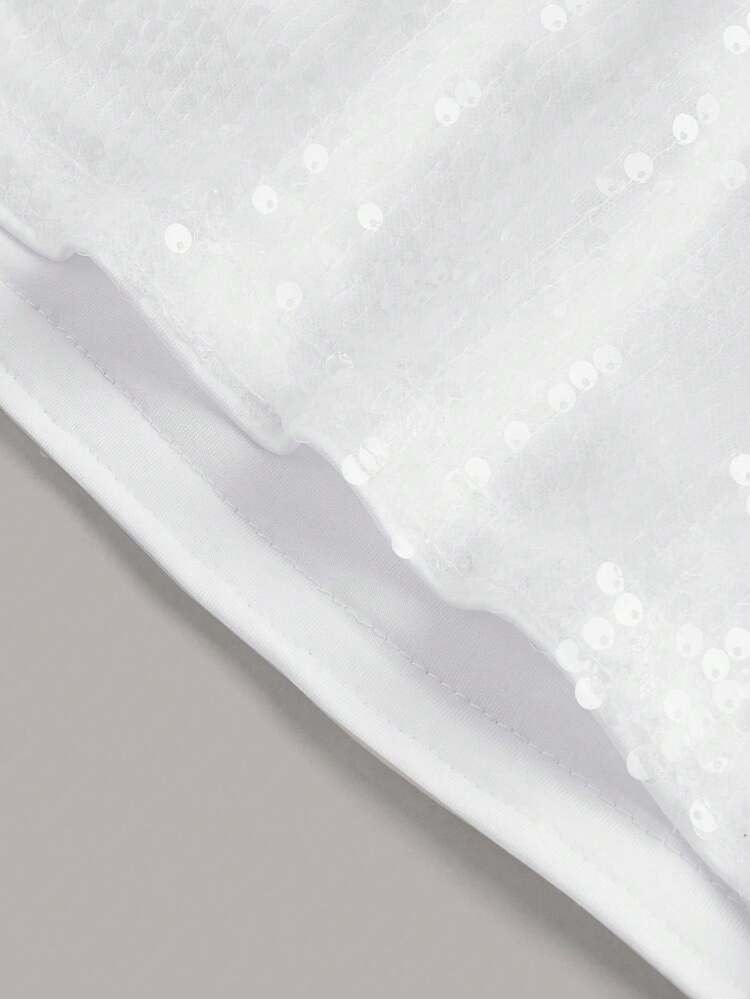 Patchwork Lace Bodycon Strapless Y2K Bodycon Off Shoulder Sequin Perspective White Mini Dress