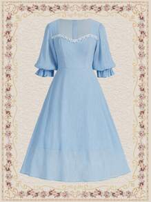 Vintamour Damen Kleid Mit Volantärmeln Und Herzförmigem Ausschnitt, Sommerkleidung - Blau - Übersicht 3