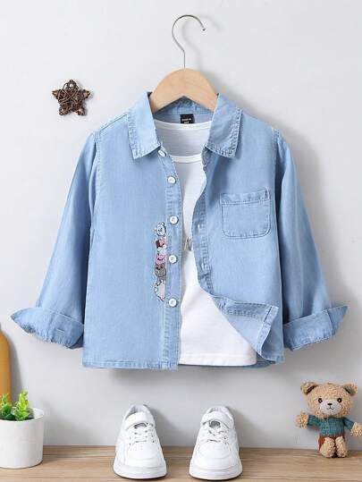 Camisa De Mezclilla Linda, Casual, Versátil, Bordada, Lavada En Claro, Liviana Y Cómoda Para Chicas Jóvenes Con Patrón De Gato